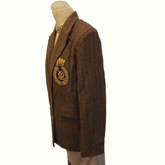 Skylar Rose Blazer Jacket Sz L Brown ICONIC Crown ROYAL PATCH Boxy Preppy Stripe - Picture 10 of 16